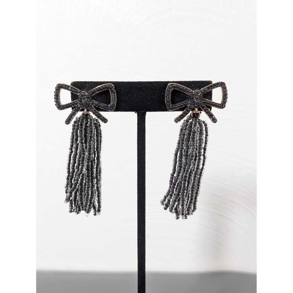 Black Beaded Bow Tassel Statement Earrings Gothic Coquette Pierced‎